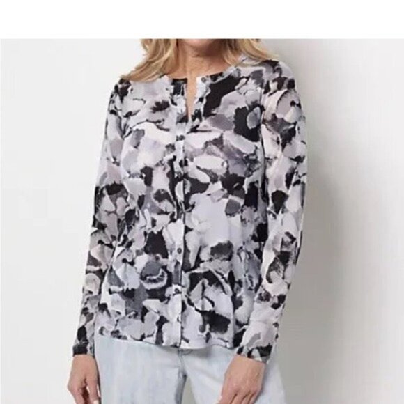 LOGO Layers by Lori Goldstein Watercolor Printed Mesh Cardigan Size Small Black - Picture 12 of 12